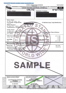 加蓬BIC/CTN/BIETC电子货物跟踪单 证书样本